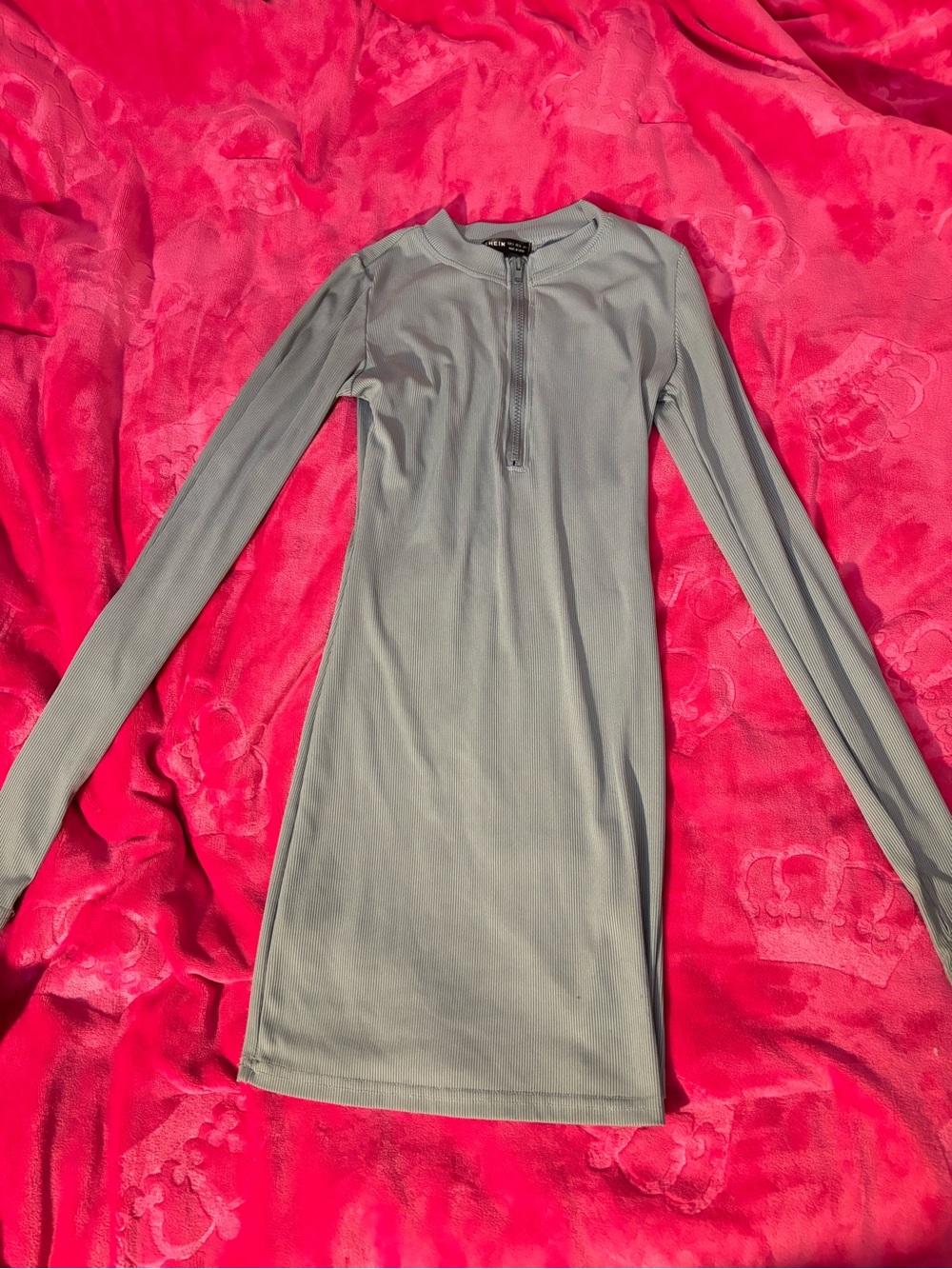 Long Sleeve Light Grayish Blue Ribbed Zip-Neck Dress